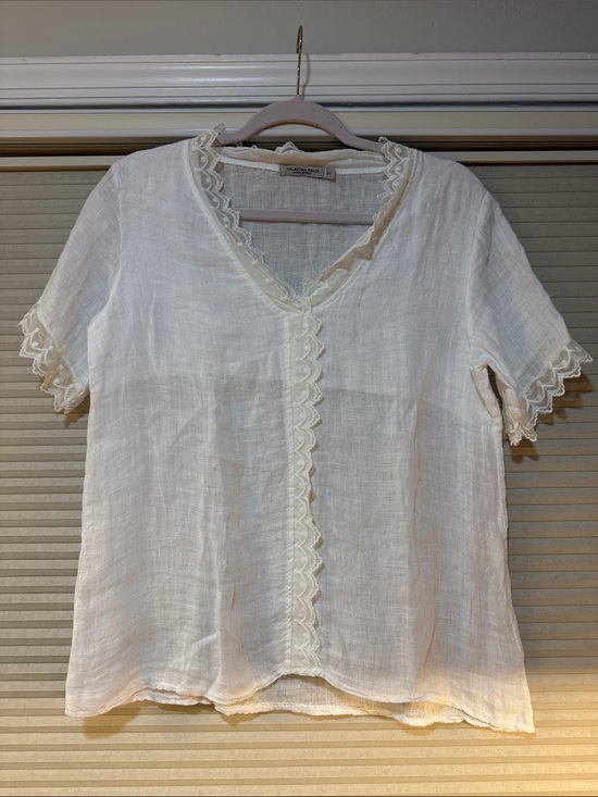 Valentina Tops - Valentina Naldi Cream Lace-Trim Short-Sleeve Blouse